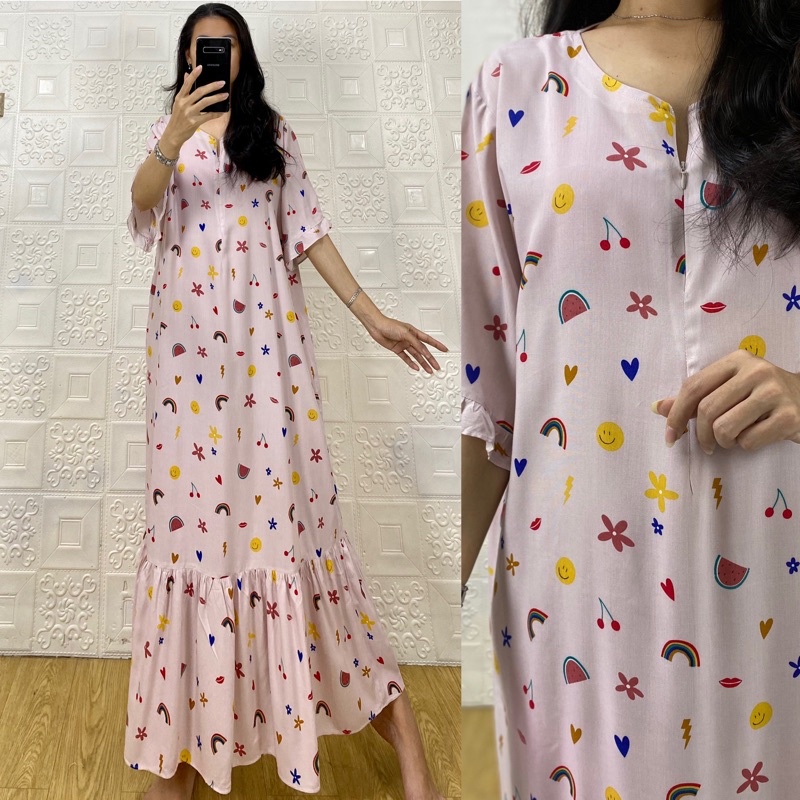 daster MONA tangan 3/4 PB 130cm /daster panjang rempel tangan 3/4  JUMBO premium sleting /busui/rempel tangan 3/4/ tangan pendek/ tali grosir ecer SEMATA KAKI RAYON-MOna morning cream