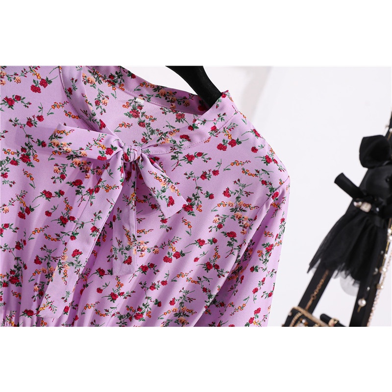 New Fashion Korean Dresses Floral Chiffon Women Casual Dinner Long Sleeve A-line Midi Dress Muslimah