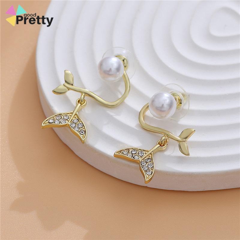 Pearl Fishtail Back Hanging Earrings Wanita High-end Cahaya Mewah Penuh Berlian Anting Geometris - PD