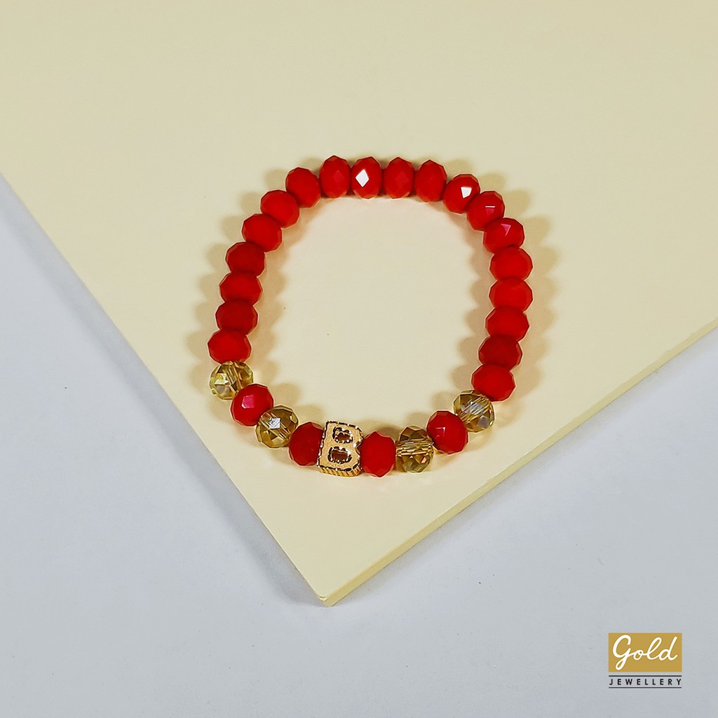 Gelang tali emas kuning kadar 700 70% charm inisial B bsr batu merah