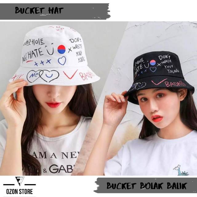 Topi Bucket sablon premium bolak balik Distro Pria / Wanita - Bucket Hat BADAS