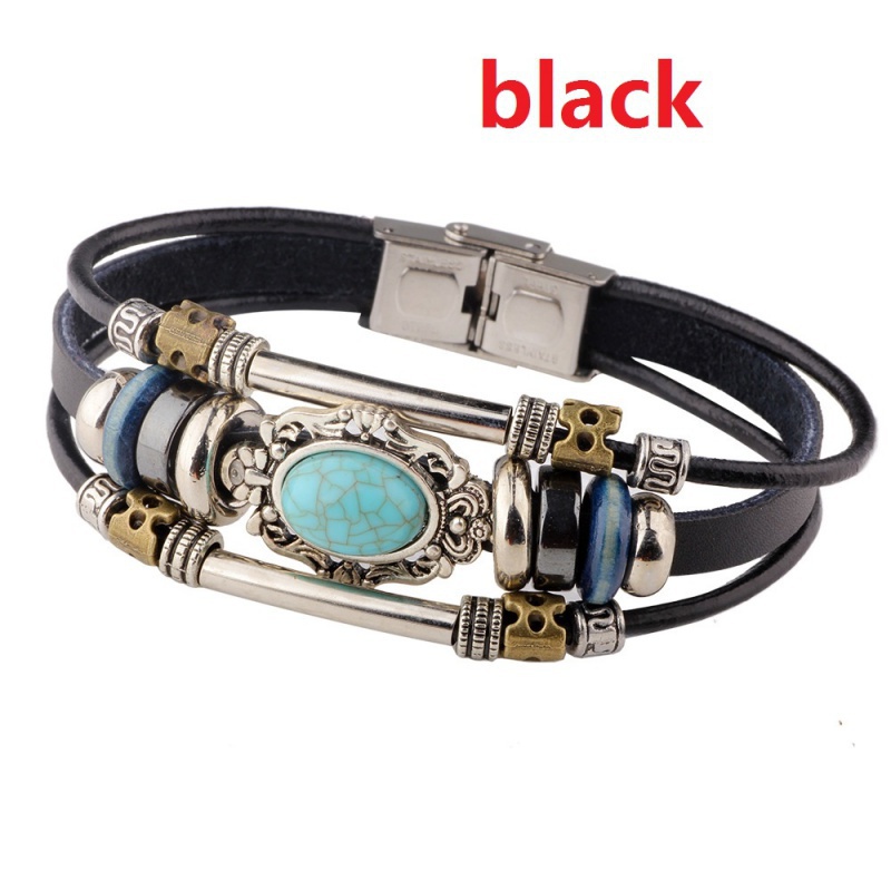 Gelang Manik-Manik Turquoise Bahan Stainless Steel Gaya Retro Untuk Pria Dan Wanita