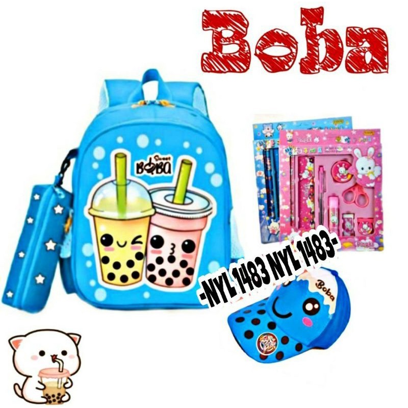 COD/ Tas BOBA 3 in1/ Tas Ransel Anak Sekolah TK -SD/ Free Tempat pensil+ Topi Boba dan Alat tulis anak murah