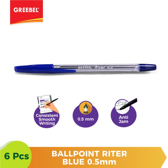 Ballpen Biru Pulpen Greebel Ballpoint Riter0.5 Blue - 6pcs.