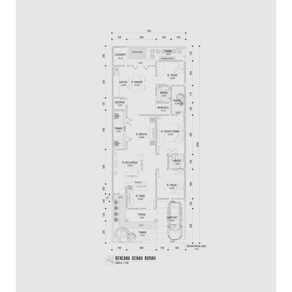 Jual Desain Rumah Minimalis Modern 1 Lantai (Lahan 7,5 x 20) | Shopee Indonesia - Denah Rumah Lebar 7 Meter Panjang 20 Meter