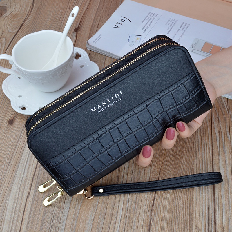 DOMPET WANITA 2 RESLETING PANJANG KULIT CROCO PREMIUM HITAM BELGIAN WA332B5 PESTA KOREA TALI PENDEK KARTU KEKINIAN REMAJA MURAH IMPORT