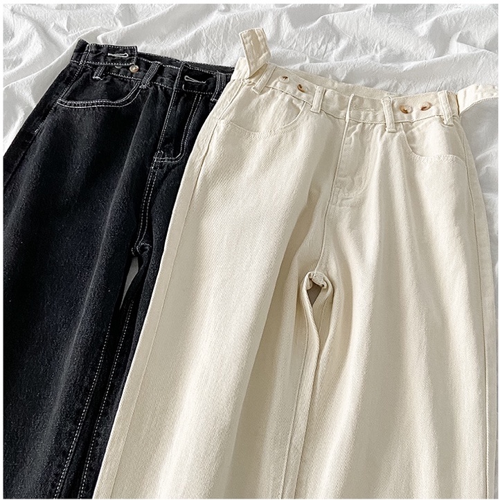 korean style new high waist longgar Creamy White/hitam celana jeans panjang wanita(realpict)