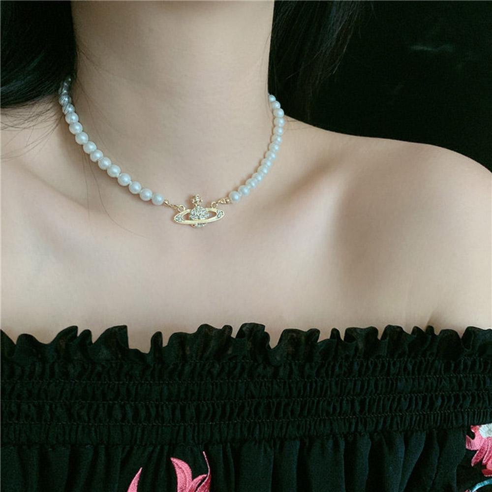 Needway Kalung Mutiara Hadiah Populer INS Gaya Berlian Imitasi Choker Pendek