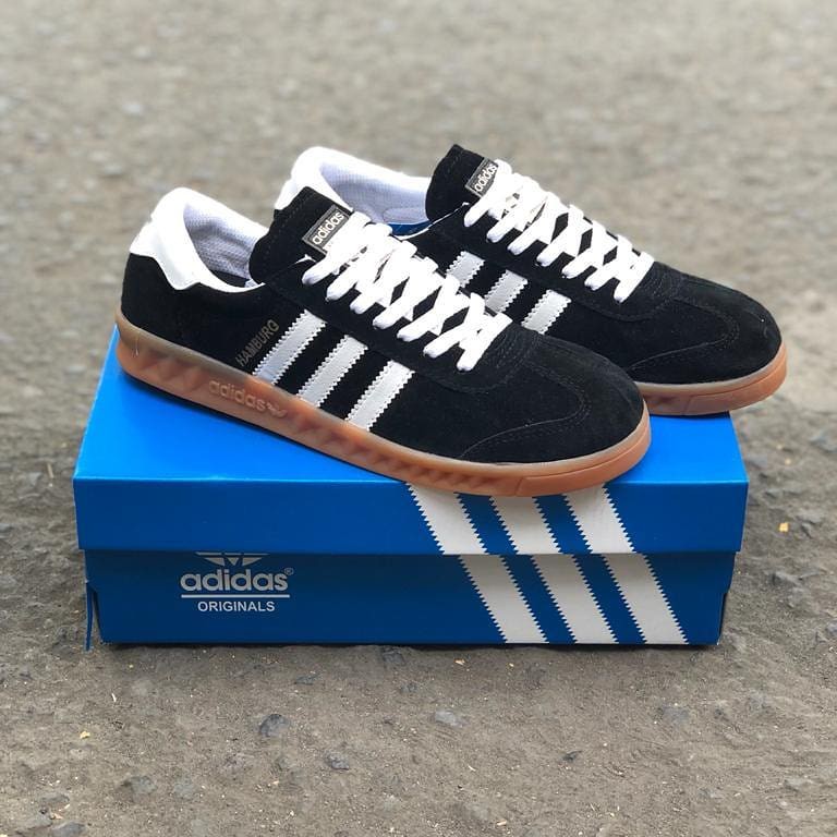 Sepatu Adidas Hamburg Black White Hitam Putih Sneakers Sekolah kerja Kuliah Kado hadiah Teman Pacar