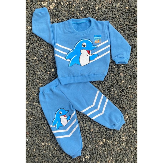 sweater bayi lucu murah motif lumba lumba setelan 1-2tahun