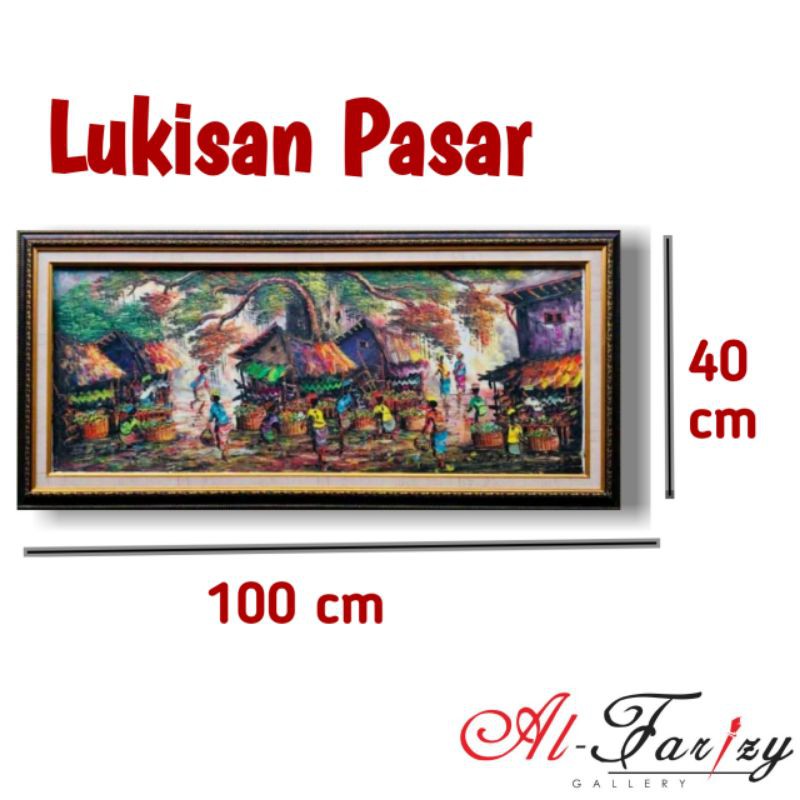 Lukisan Pasar Gaya Hitam Putih Warna Lengkap dengan frem Ukuran 100x40 cm