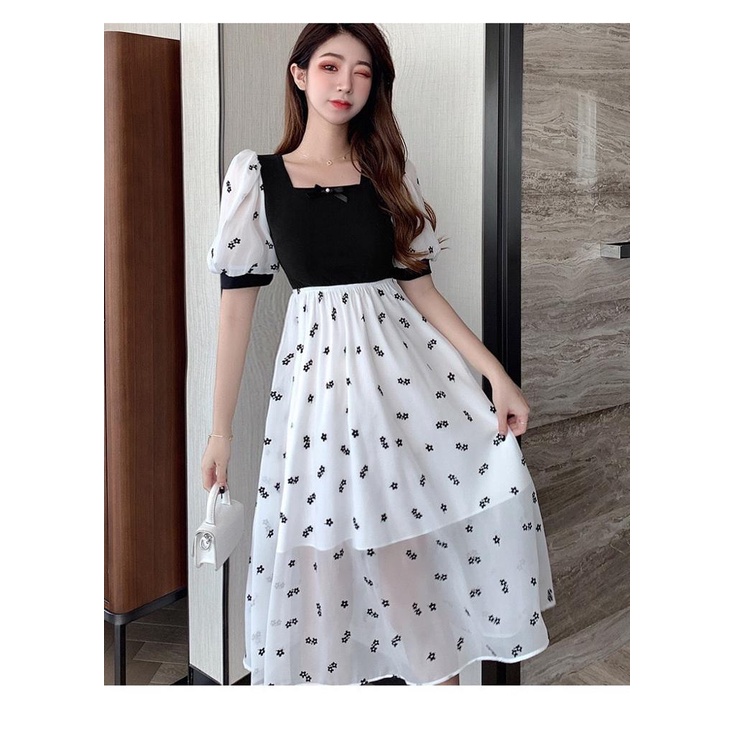 [littlecrab] Dress Square Neck Hitam Putih Dot Long Dress Atasan Hitam Karet Gaun Putih Motif Bunga Hitam Lengan Balon Pendek Simple Berkualitas Kasual Simply Korean Style