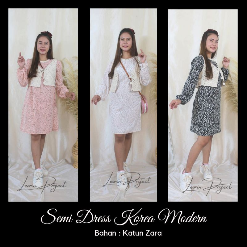 Dress Korea Modern Vintage Motif Floral Bonus Rompi Rajut Katun Zara Tunik Murah Terbaru Terkini Mur