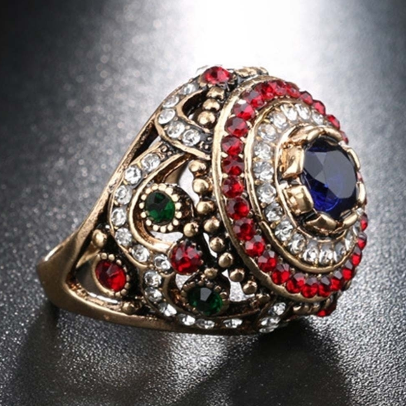 Luxury Multicolor Gemstone Ring for Women Gold Color Party Christmas Gift Turkish Style Jewelry