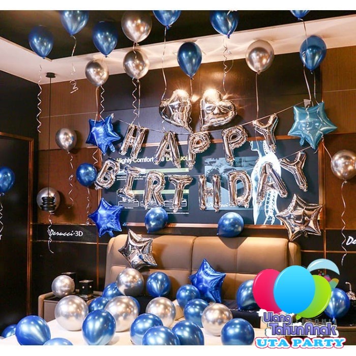 Paket Exclusive Foil Balloon Happy Birthday Silver Blue Chrome sudah termasuk jasa pasang