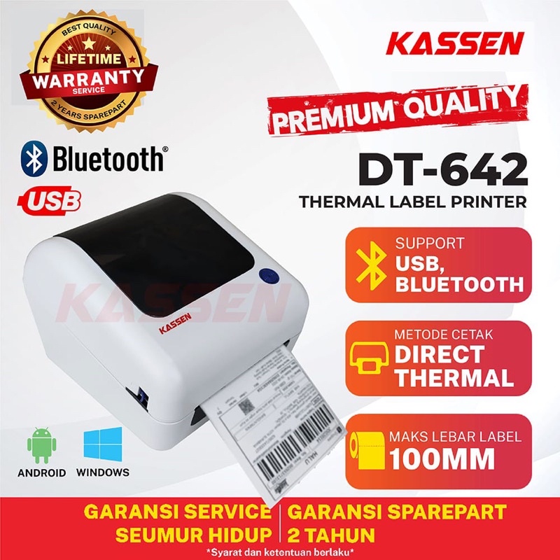 PRINTER LABEL BARCODE 100mm KASSEN DT-642 USB &amp; BLUETOOTH FREE HOLDER