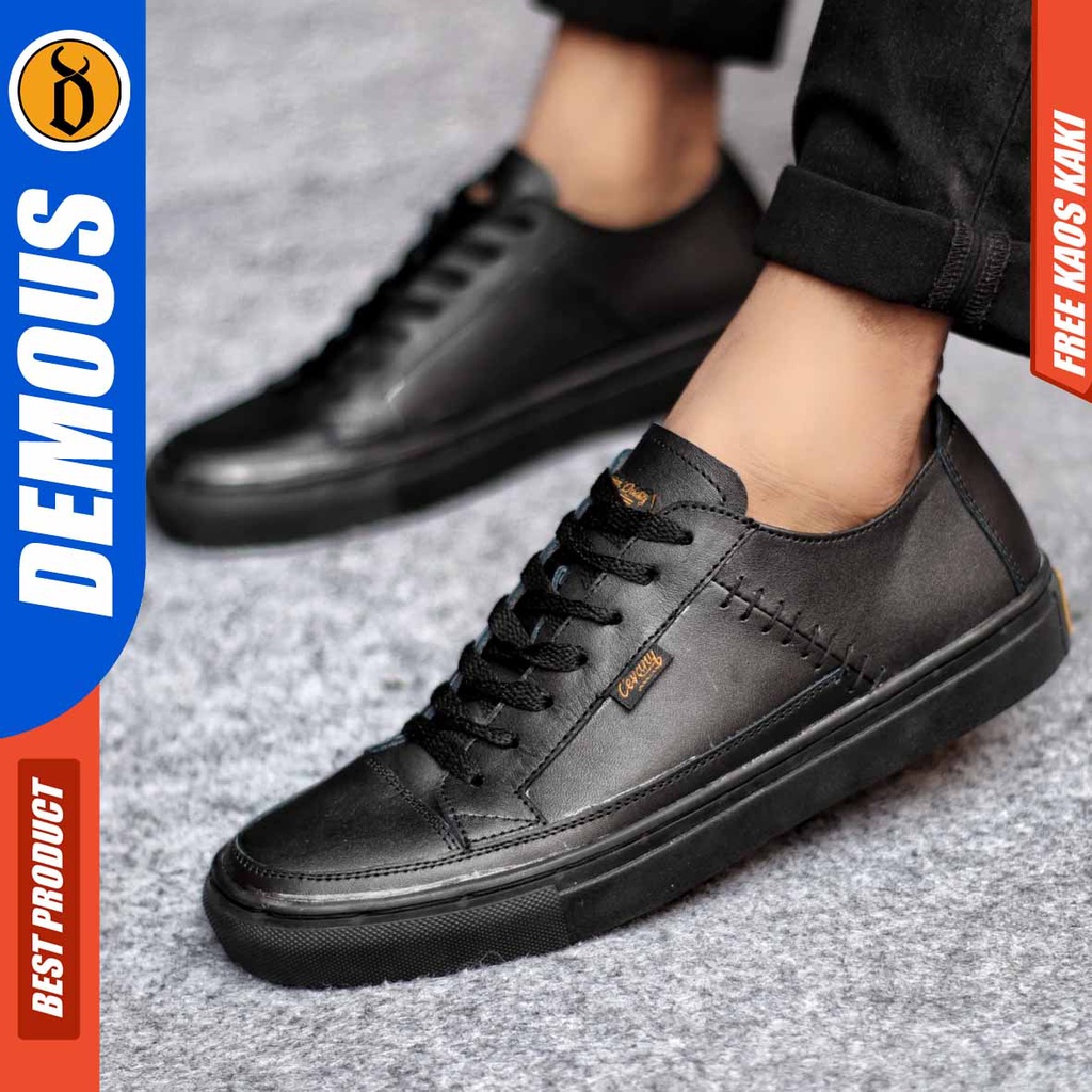 Sepatu Sneakers Casual Pria Kulit Asli Kerja Hitam Demous Dante Low