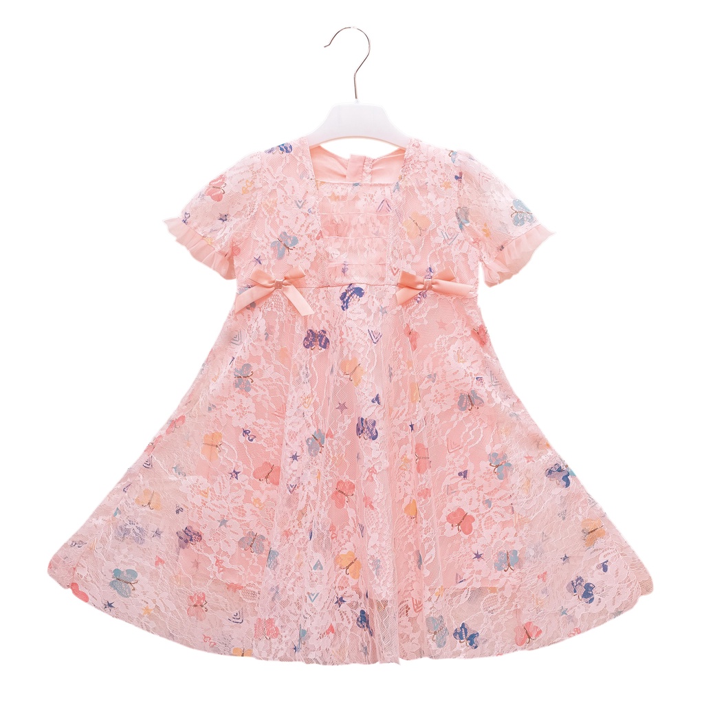 KF CAT Dress Brukat Anak Perempuan Import /Gaun Princess Pesta Lengan Pendek Ruffle Rok Panjang Renda Mewah Motif Kupu Kupu Untuk Usia 3-7 thn-Pink