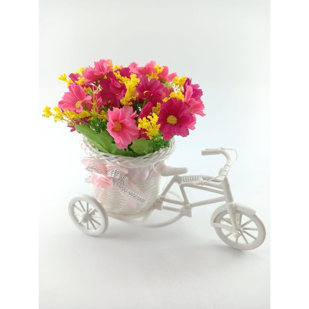 BUNGA SEPEDA SET BUNGA HIAS BUNGA PLASTIK VAS SEPEDA ROTTAN SET BUNGA DAISY BS6602-Pink