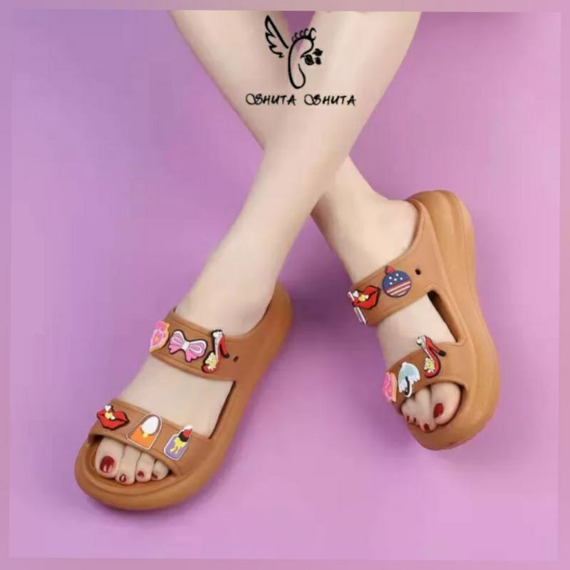 SANDAL FASHION BAE SLIDE TWO STRAP WEDGES FREE JIBBITZ