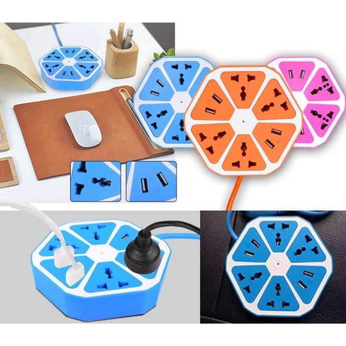 Stop Kontak Colokan Adaptor USB Hexagon Socket + 4 USB Colokan Listrik