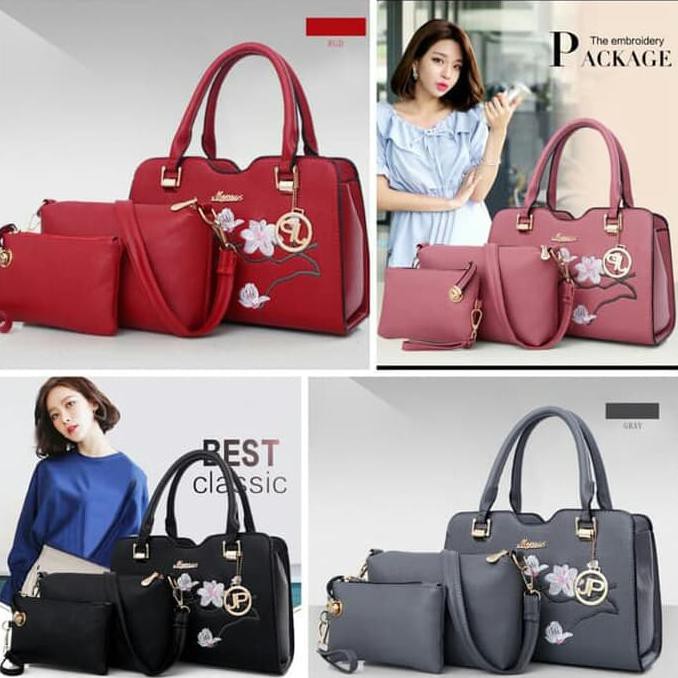 Termurah Tas Wanita Tote Bag Set 3In1 / Tas Jinjing Kahiang Bag 3In1 Set - Abu -Abu Tua