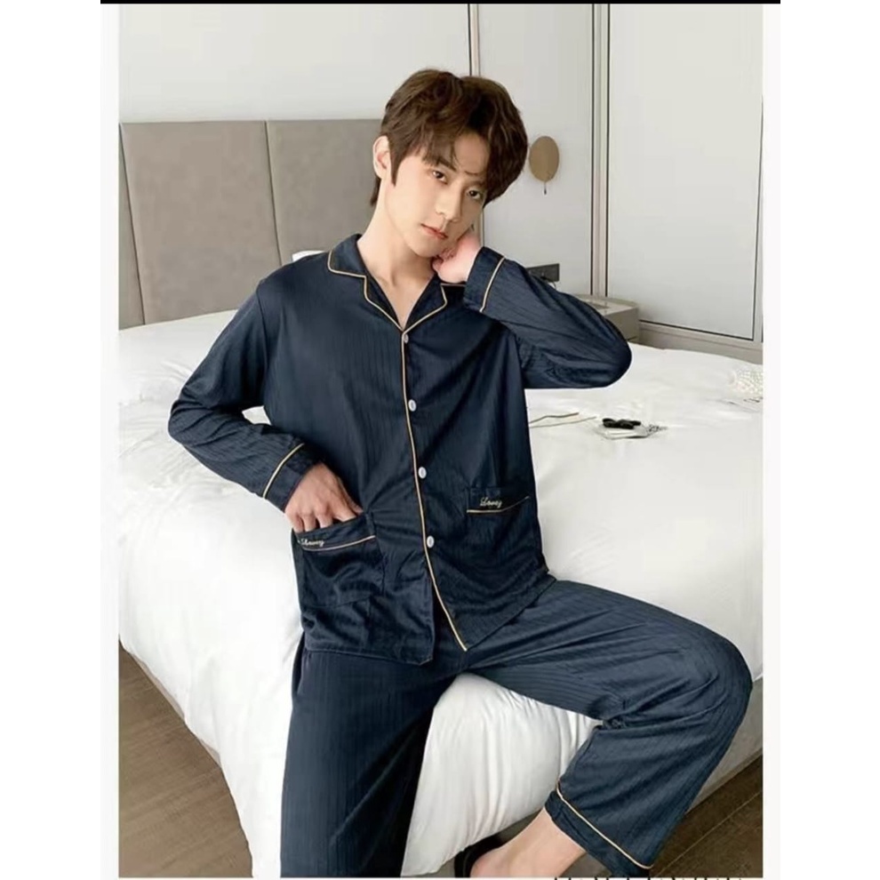 Baju tidur Piyama cowok import bahan kaos spandek tebal dan adem lengan panjang celana panjang