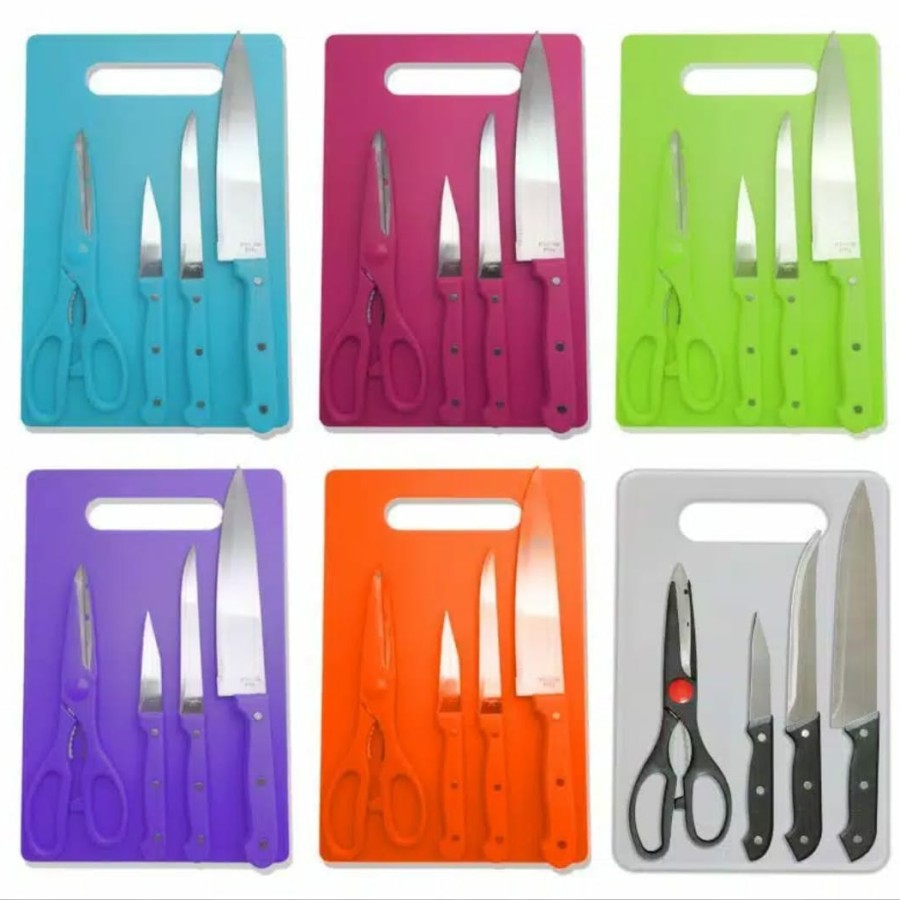 Pisau Dapur 5 Set Gunting dan Talenan / Pisau Set 5 in 1 Stainless Stell Tajam Anti Karat / Pisau Sayur Buah Daging