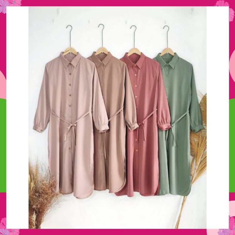 LONG TUNIK POLOS Tali Full Kancing Depan Atasan Muslim Premium Terbaru