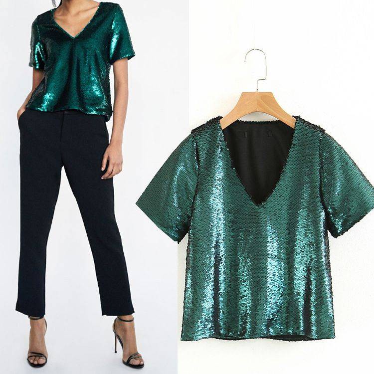 Blouse Lengan Pendek Import - 46504 Green Glitter Top