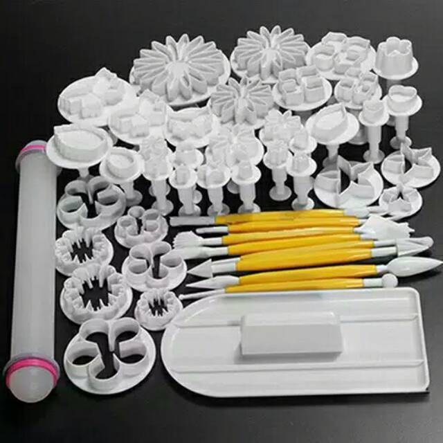 Paket fondant 46pcs cetakan fondant alat dekorasi plunger stamp Rusia Rolling pin modelling tools