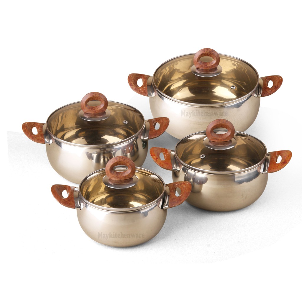 Panci Set 4 Kapsul Stainless Steel Gagang Kayu Cooking Pot Soup Sop Sup Kuah Tebal Tutup Kaca Murah