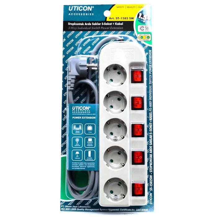 NEW Uticon Stop Kontak Arde 5 Lubang Saklar Masing2 Kabel ST-1582SW