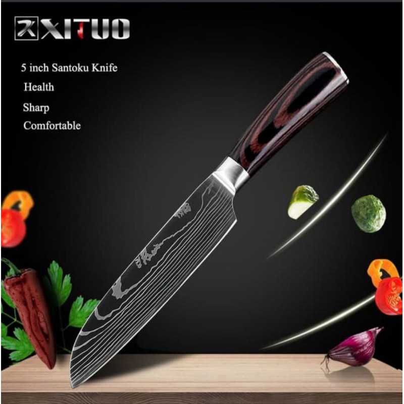 XITUO Pisau Dapur Chef Damascus Pattern -5 inch Santoku Knife-Silver