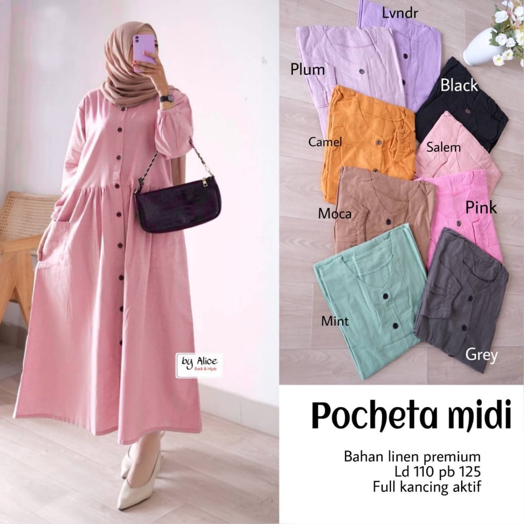 POCHETA MIDI DRESS / 18.7  / BAHAN LINEN PREMIUM / LD 110 CM / PB 125 CM / ALLSIZE / FULL KANCING / ALICE