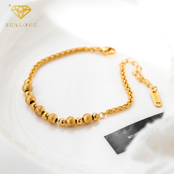 SEALOVE Gelang Titanium Asli Manik-Manik Emas 18K Cantik Anti Karat Perhiasan Wanita Korea