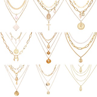 Korea Kalung Emas Choker Multilayer Liontin Lock Bulan