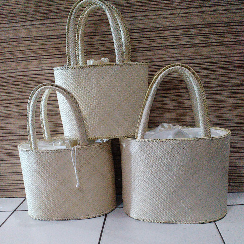 tas piknik pandan polos set 3,tas anyaman pandan polos tali serut