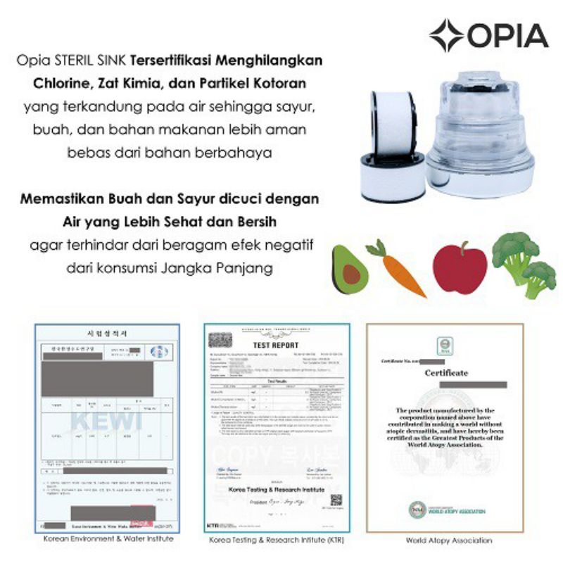 Opia Steril Sink Filter Head set, Sistem pemurnian Air sehat Murni