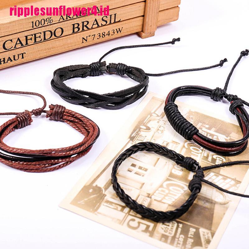 4pcs Gelang Handmade Bahan Kulit Model Kepang