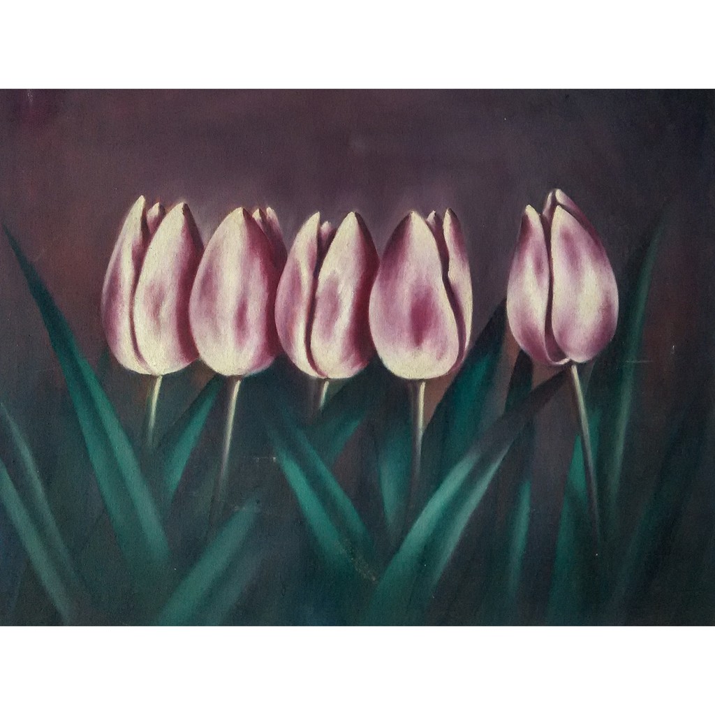 Lukisan Bunga Tulip Media Cat Minyak Di Kanvas 40 X 50 Cm