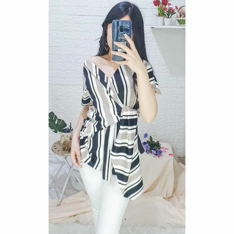 ZAZA_FASHION Baju Wanita Terbaru Blouse Wanita Terbaru Korea Nigeysa Stripe fit to XL-1