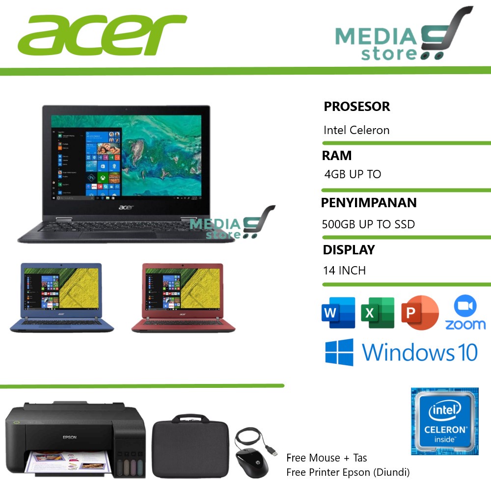FREE GIFT // LAPTOP ACER 14 INTEL CELERON RAM 8GB / SSD 256GB /  WINDOWS 10 // BERGARANSI