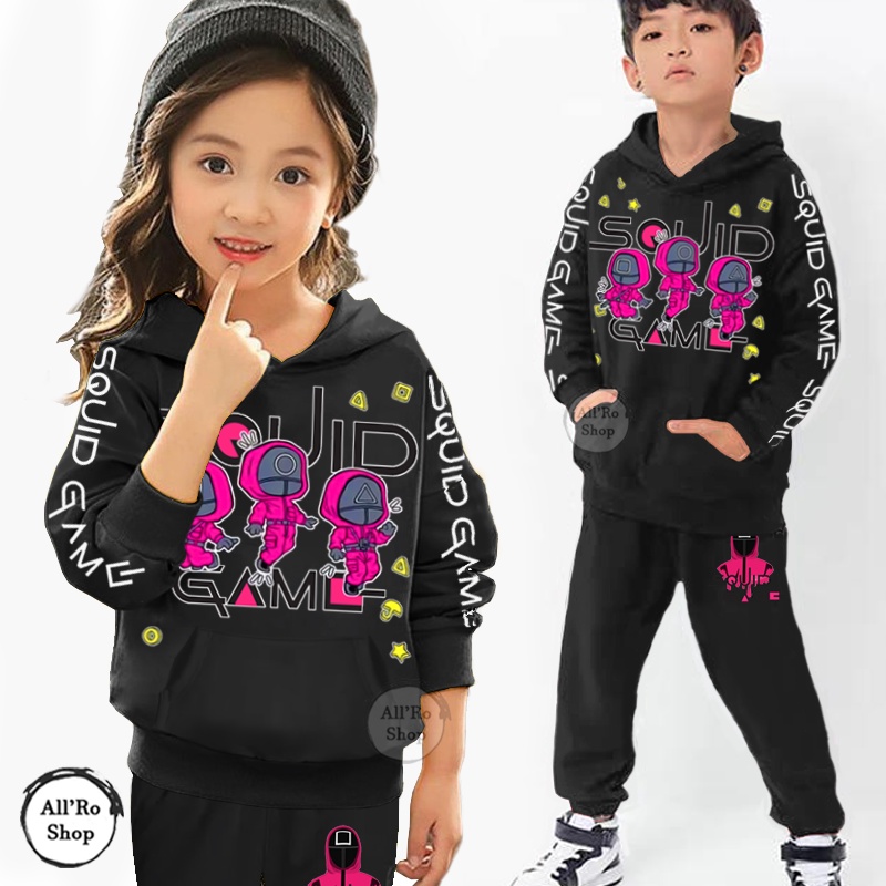 COD Baju Setelan Hoodie Anak Remaja ABG UNISEX Olahraga Senam Lengan Panjang Motif Squid Game Karakter Chibi Kukuma Usia 1 sampai 13 tahun ARS 64