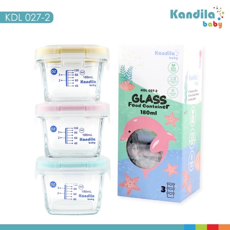 Kandila Bebewawa Glass Food Container 180ml 200ml KDL027-2 KDL027-3  KDL027-4 Box Wadah Simpan MPASI Bayi bahan Kaca + Penggaris Ukur Ml Takaran