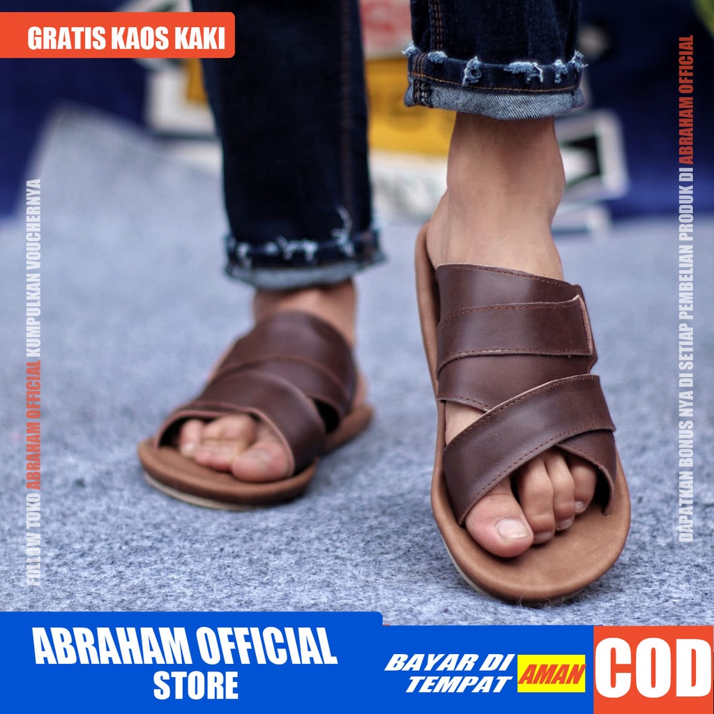 ABRHM X EXO Sandal Slide Pria Kulit Asli Sandal Slop Pria Keren Sandal Selop Cowok Cowo Kekinian Ori