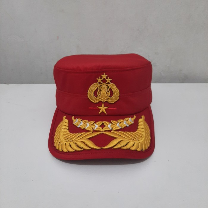 Topi Komando Pamen Pati Polri Merah Bordir Logo Tribrata Twist Halus Premium