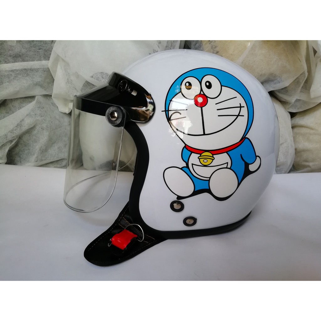 HELM DORAEMON BOGO DEWASA CAT PUTIH KACA DATAR BENING