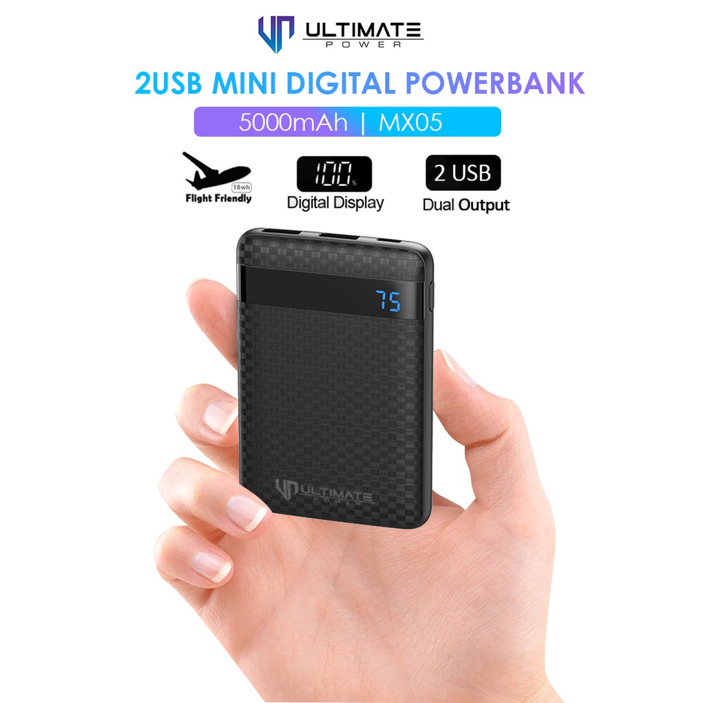 Power bank 5000mAh Ultimate Power 2USB Mini Digital MX05 Original100%asli