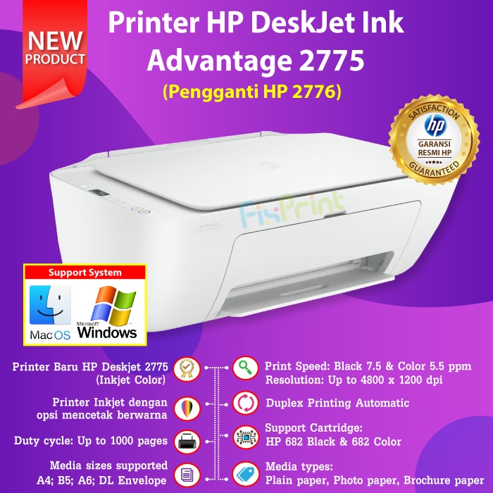 Printer HP 2775 2776 Print Scan Copy WiFi Bluetooth Wireless Cartridge Tinta 682 Black Color